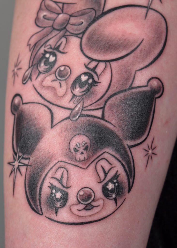 melody and kuromi chicano style dotwork black soft villain tattoo